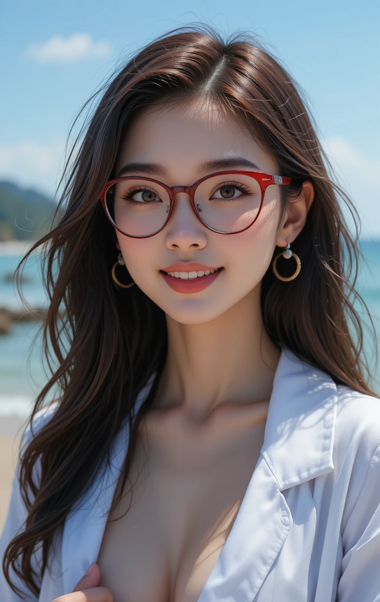 眼鏡をかけた成熟した日本人女性が海辺でポーズ