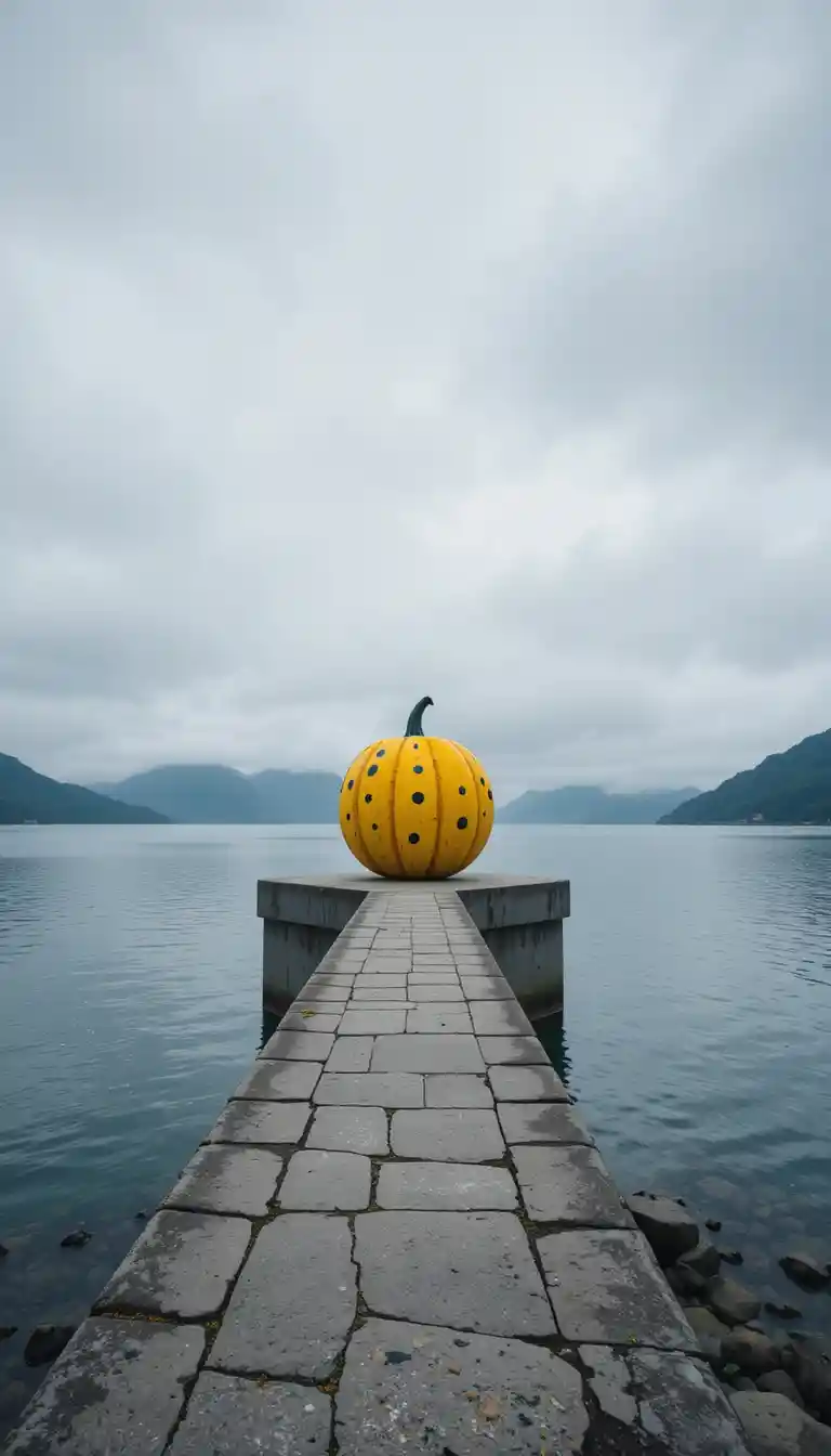 Yellow pumpkin sculpture on pier in tranquil coastal scene