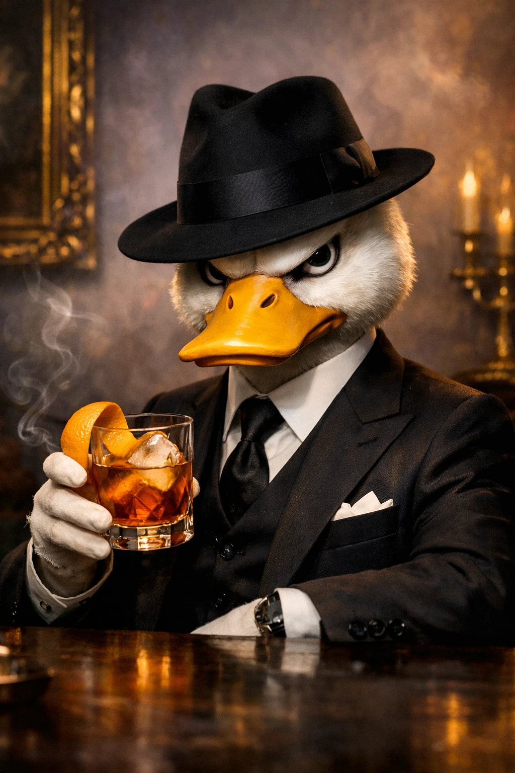 Pato elegante em terno minúsculo segurando um old fashioned