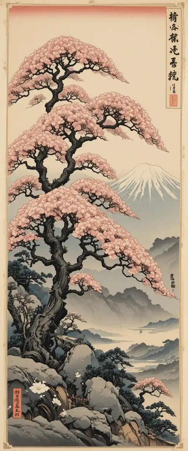 Ukiyo e landscape of Mount Fuji and blooming sakura tree