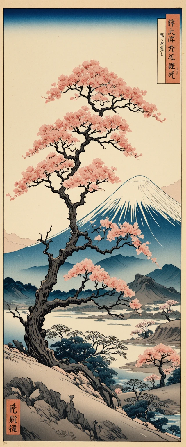 Vista em ukiyo-e do Monte Fuji e de uma cerejeira em flor