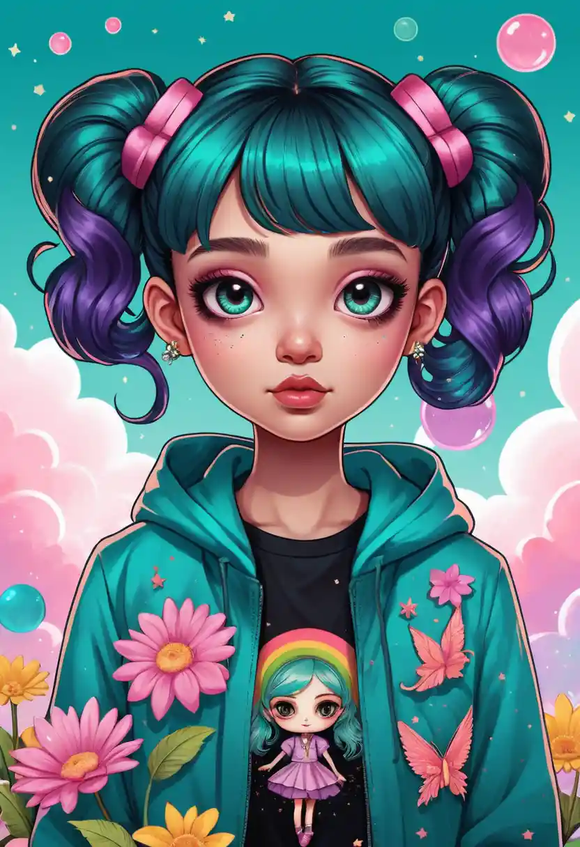Rainbow haired girl smiling gently in a field of pink flowers