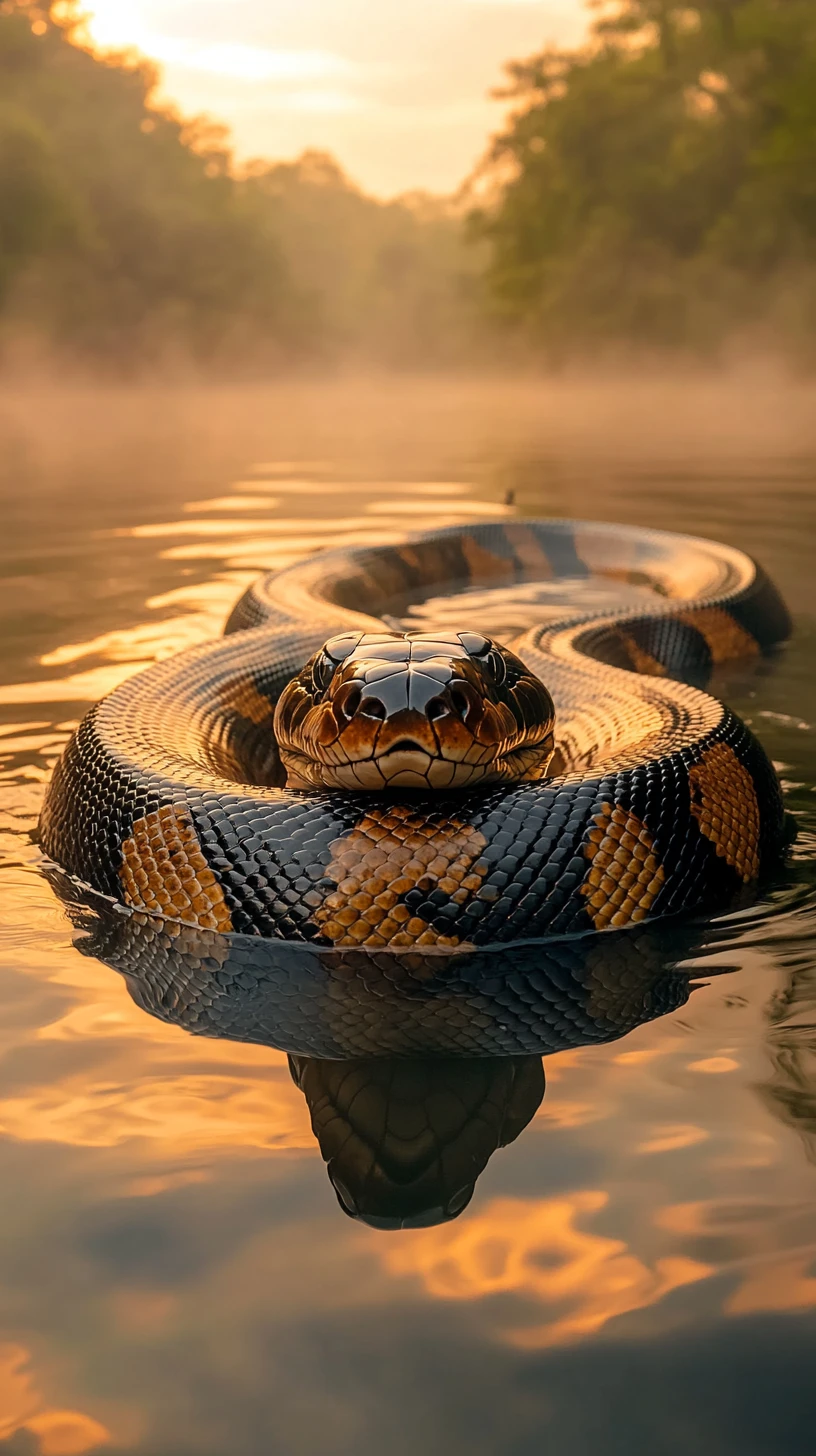 Anaconda Gliding Through A Misty Jungle River At Sunset