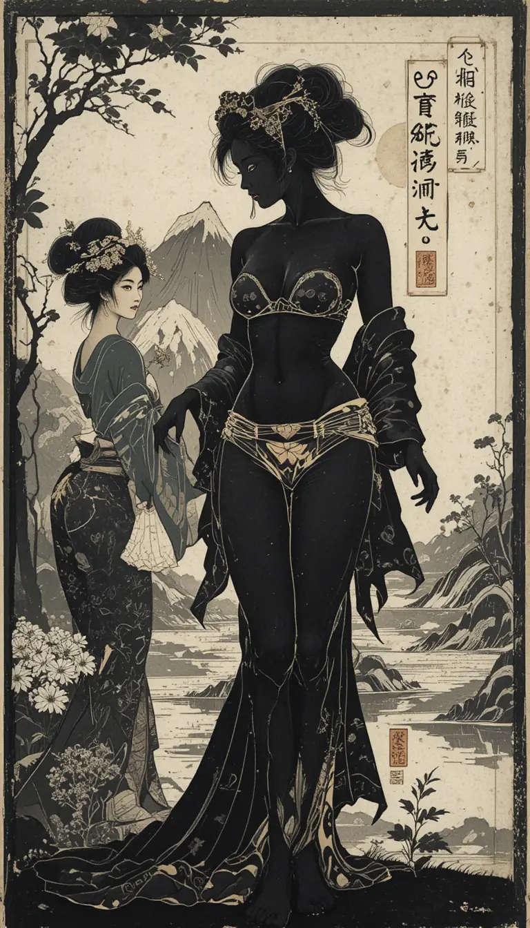 Modelle in bikini in stile ukiyo-e stampate come una xilografia d’epoca