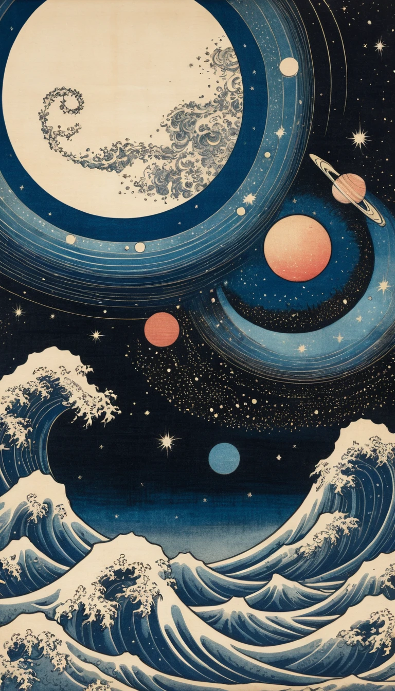 Swirling nebula galaxy woodblock print on aged parchment
