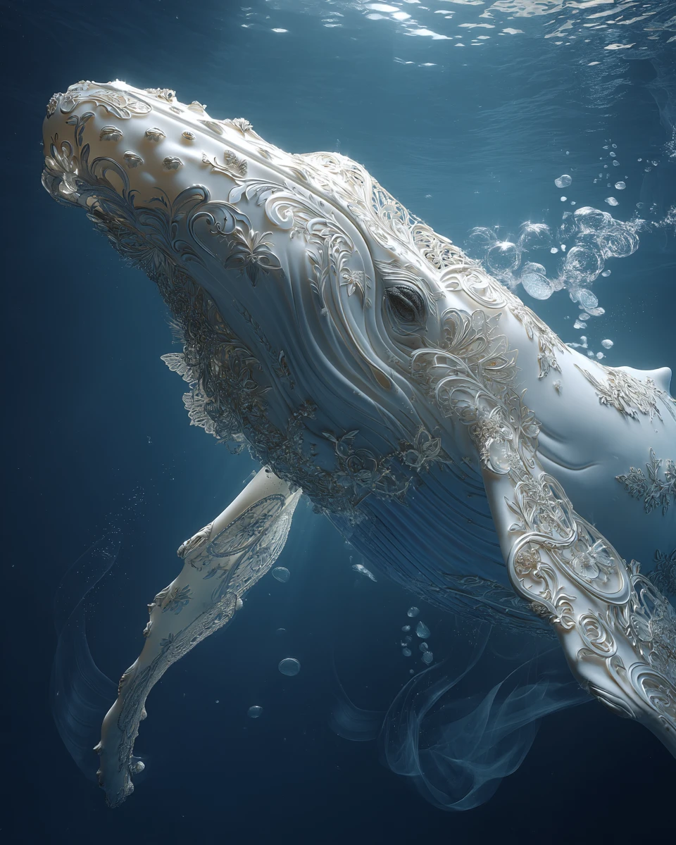 Baleia esculpida em renda emergindo do oceano profundo