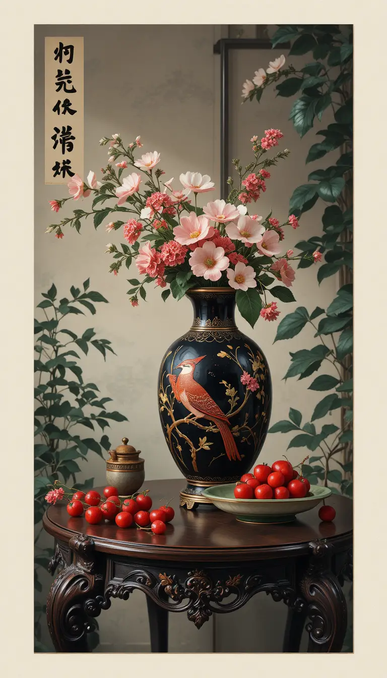 Elegantes Stillleben mit Vase, Kirschen und grüner Schale