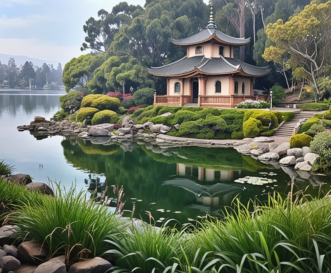 Tranquilo santuario junto al lago reflejado en agua quieta como un espejo