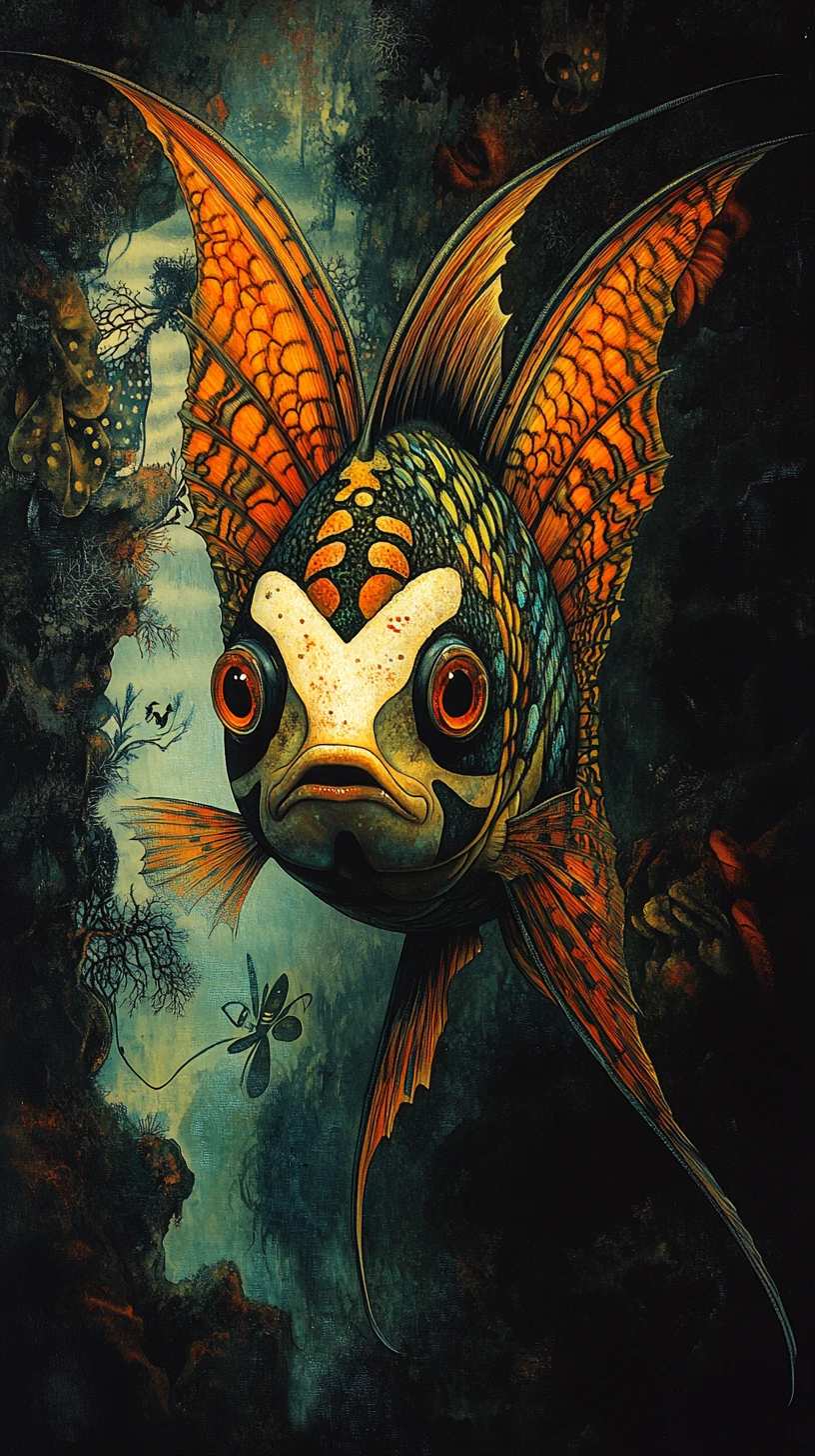 Peixe-anjo surreal emergindo de um abismo escuro e retorcido
