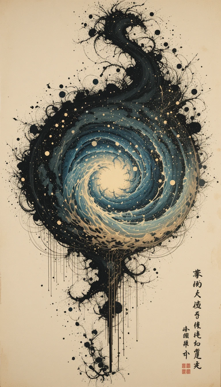 Galaxie en gravure sur bois tourbillonnant sur parchemin dans le style ukiyo-e