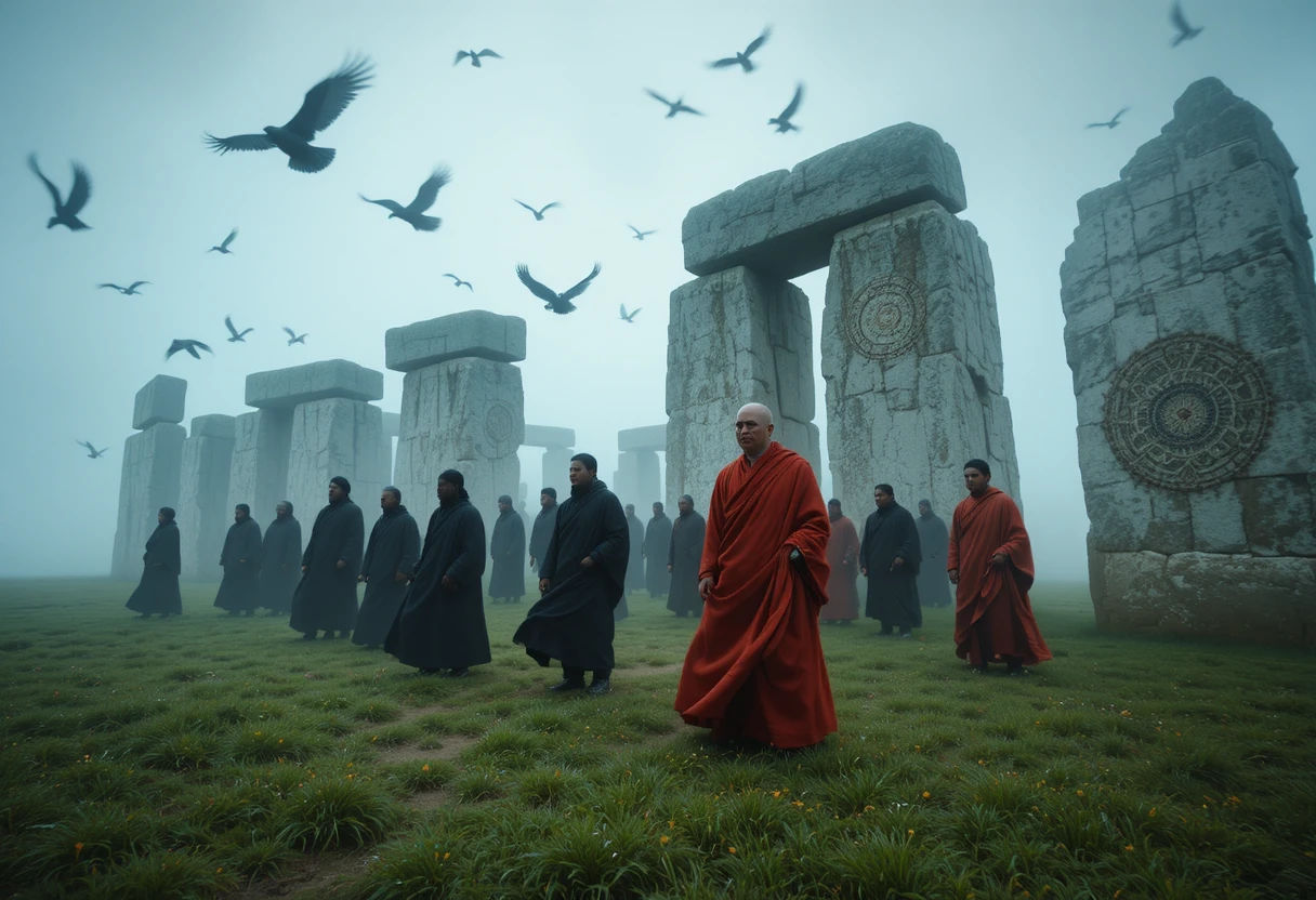 Monges dominicanos e tibetanos se reúnem na névoa em torno de Stonehenge