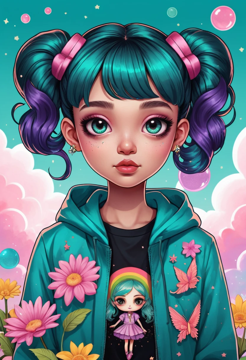 Rainbow haired girl smiling gently in a field of pink flowers