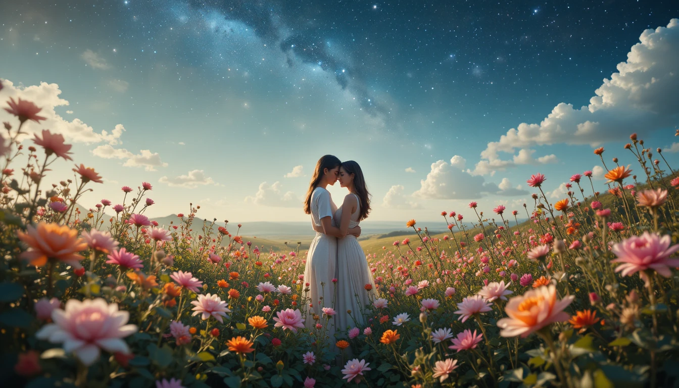 Mulher multicultural em campo de flores silvestres sob o céu estrelado