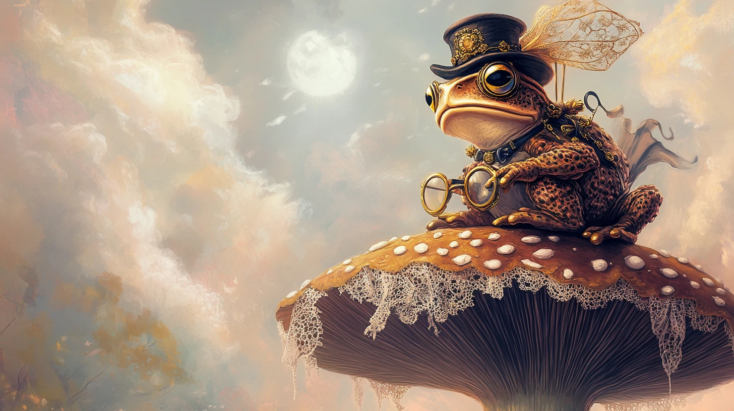 Crapaud victorien sur un champignon ornementé sous un ciel de lune rêveur