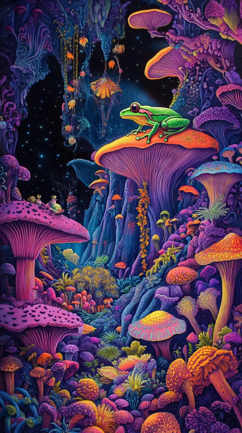 Surreal leuchtender Pfeilgiftfrosch im schimmernden Pilzwald