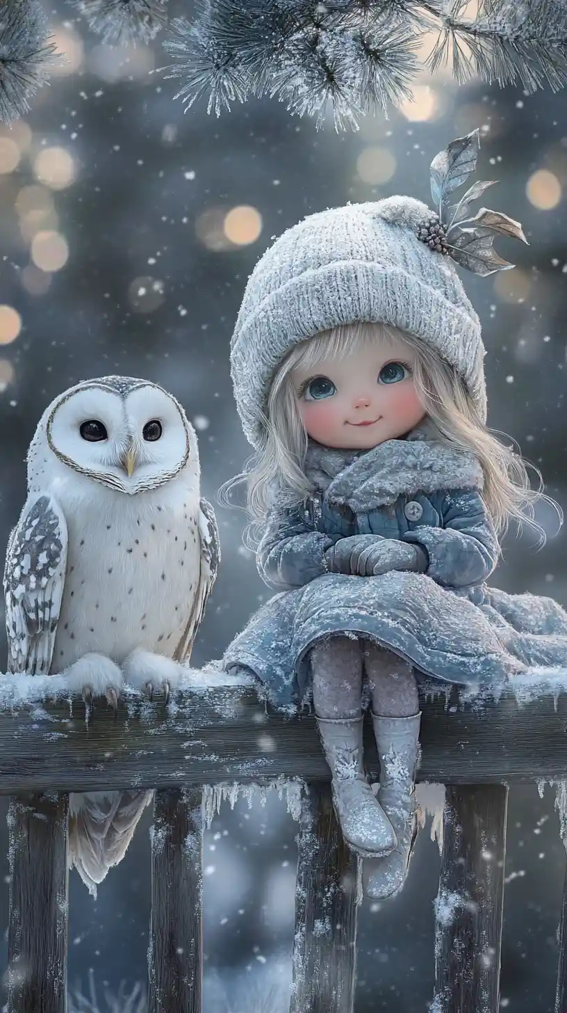 Winter fairy child with owl on snowy forest fence