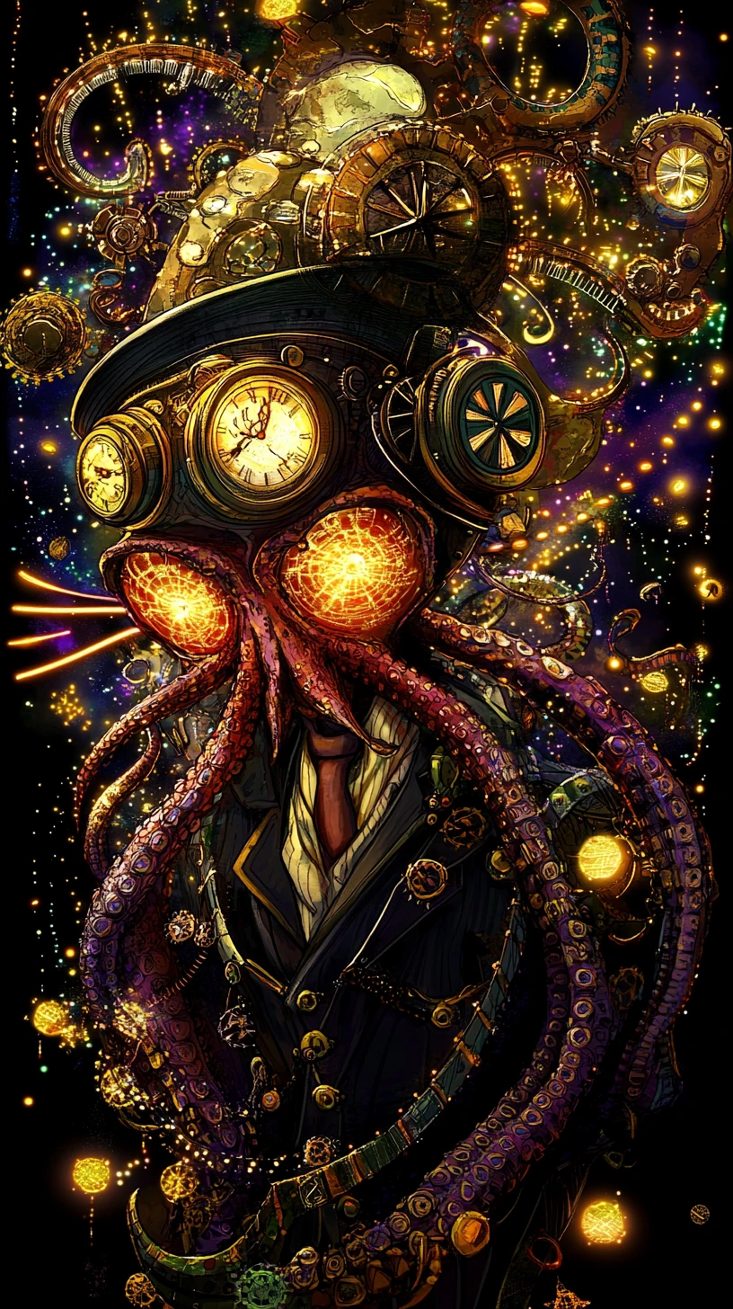 Humanóide steampunk grotesco em meio a cosmos fluorescente em redemoinho