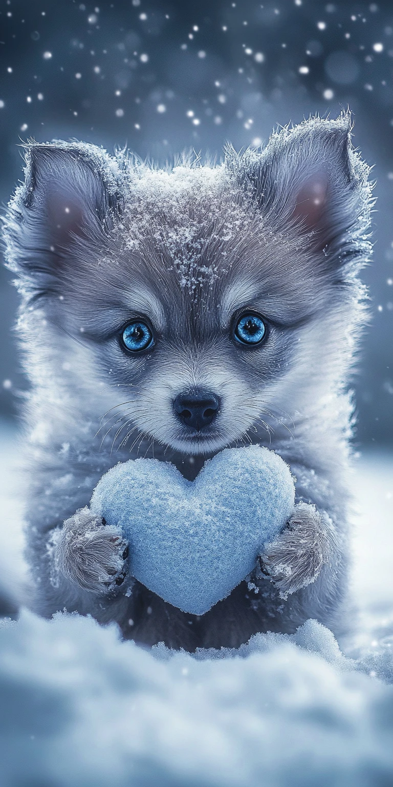 Minuscule chiot aux yeux bleus tenant un cœur duveteux
