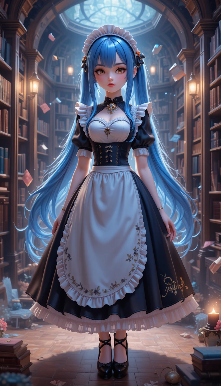 Empregada de anime de cabelo azul em uma biblioteca gótica mágica