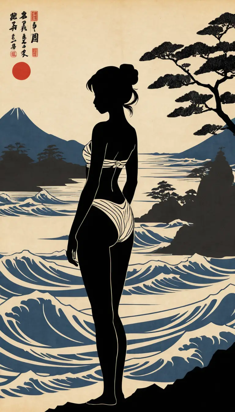 Donne in bikini su spiaggia ukiyo-e su pergamena invecchiata