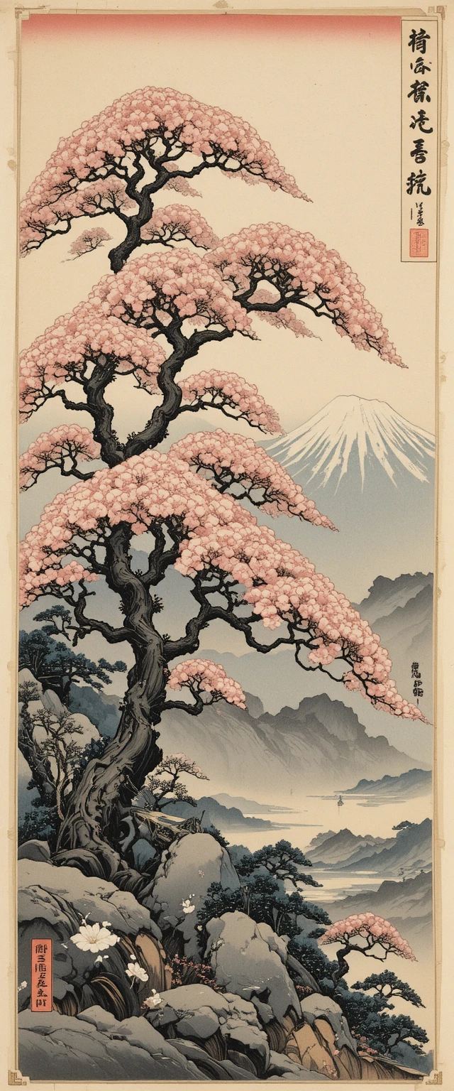 Paisagem ukiyo-e do Monte Fuji e cerejeira em flor