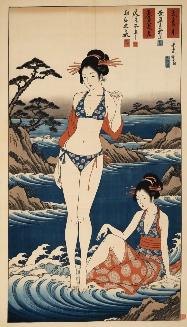 Donne in bikini in una stampa ukiyo-e orizzontale