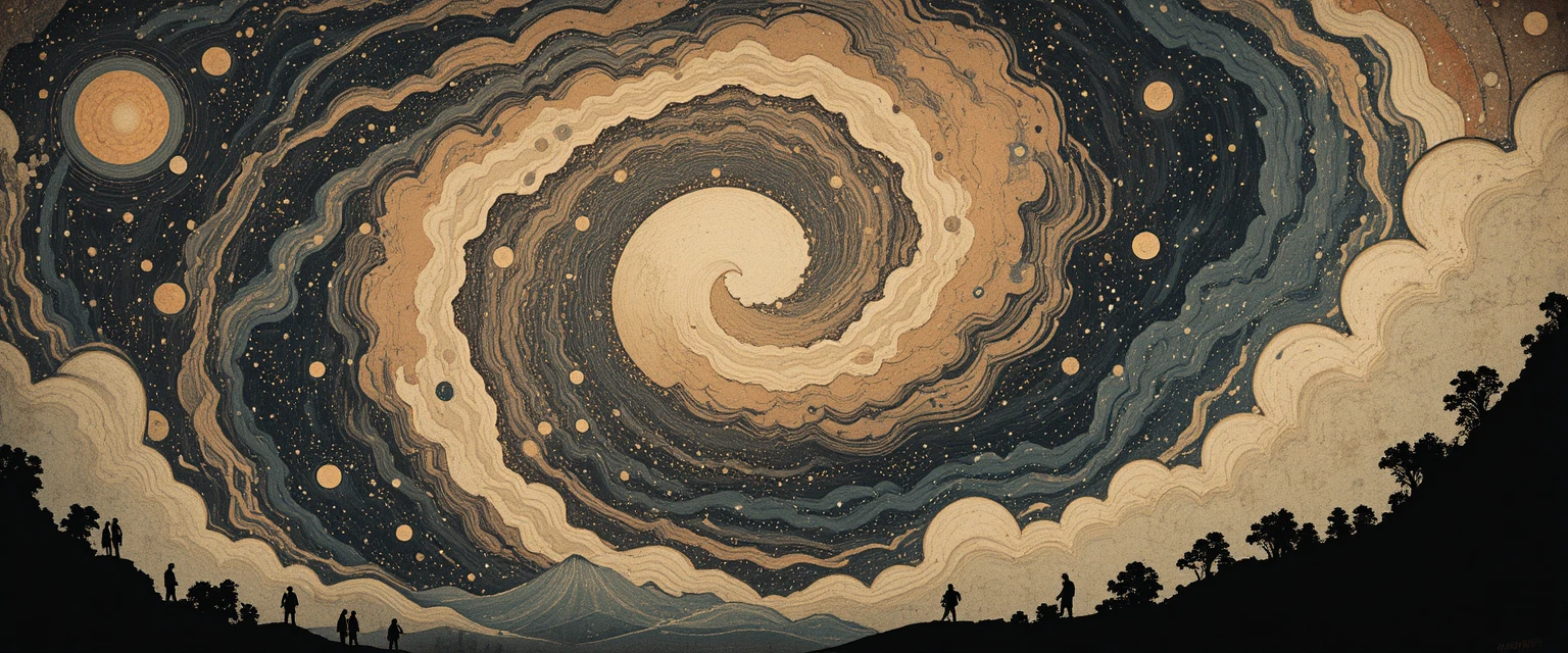 Woodblock galaxy swirling across parchment in mystical style