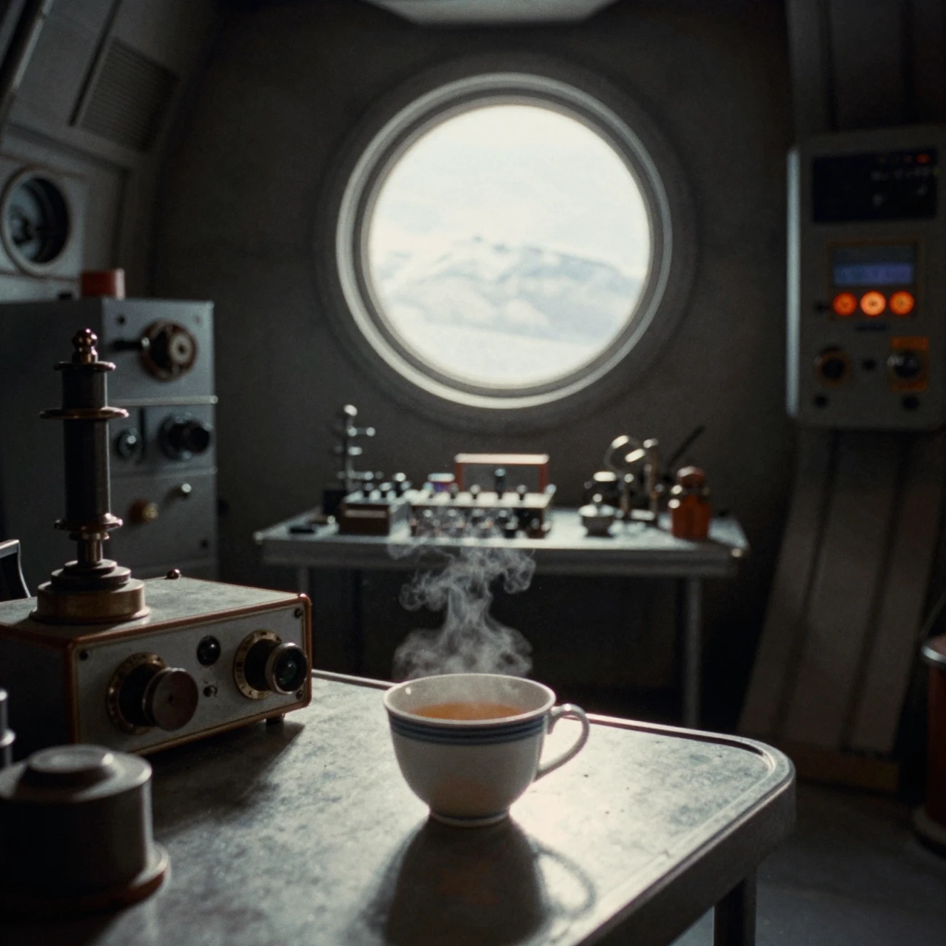 Tazza di tè su un tavolo retrò futuristico di stazione spaziale