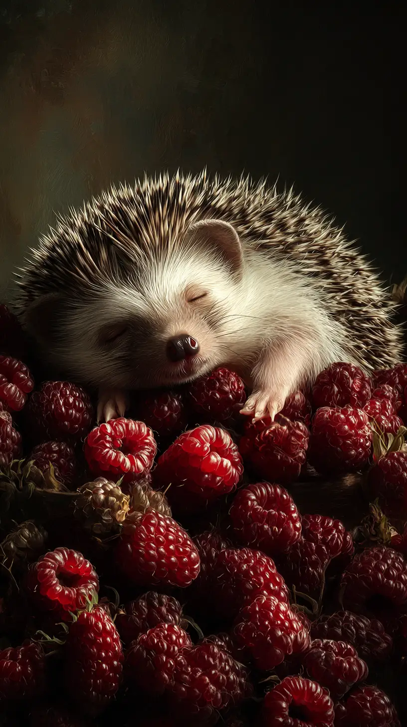 Hérisson somnolent reposant sur un lit de framboises fraîches