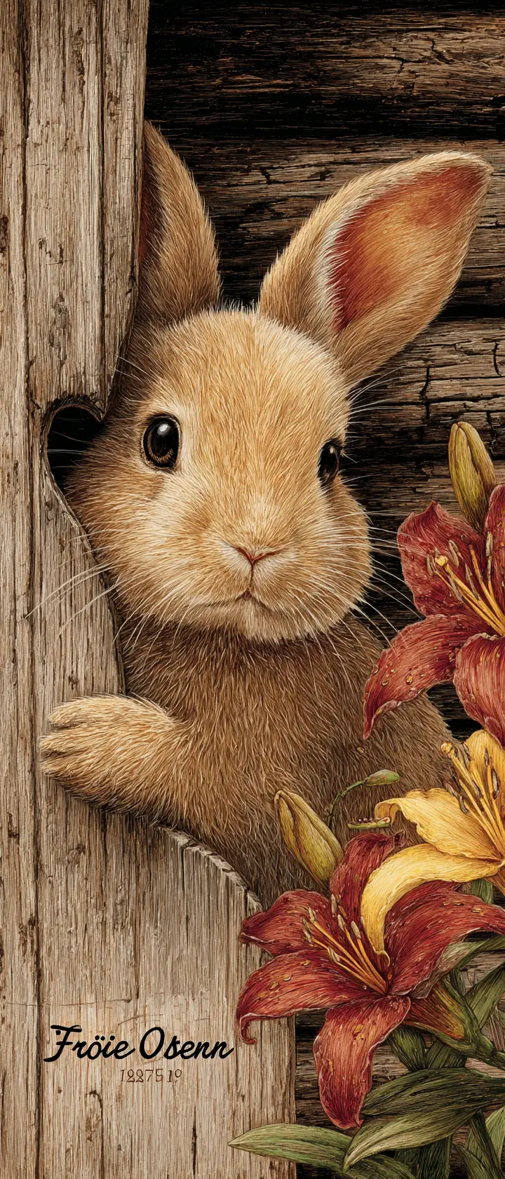 Cute easter rabbit peeking through wooden heart fence