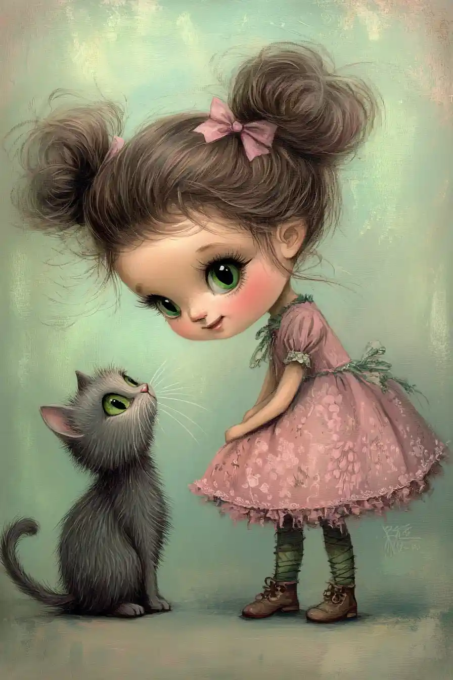 Young girl and gray cat in a tender pastel illustration