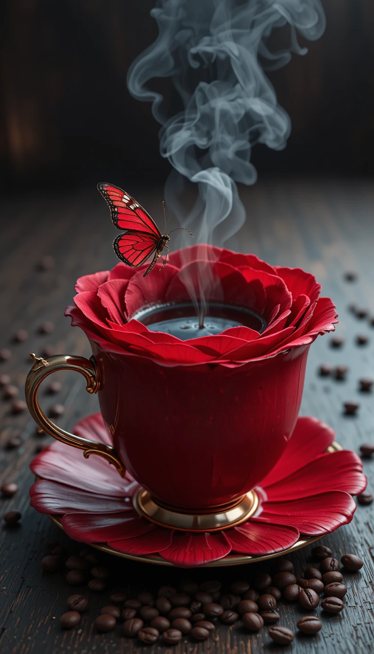 Makro-Kaffeetasse-Rose mit Espresso und Schmetterling