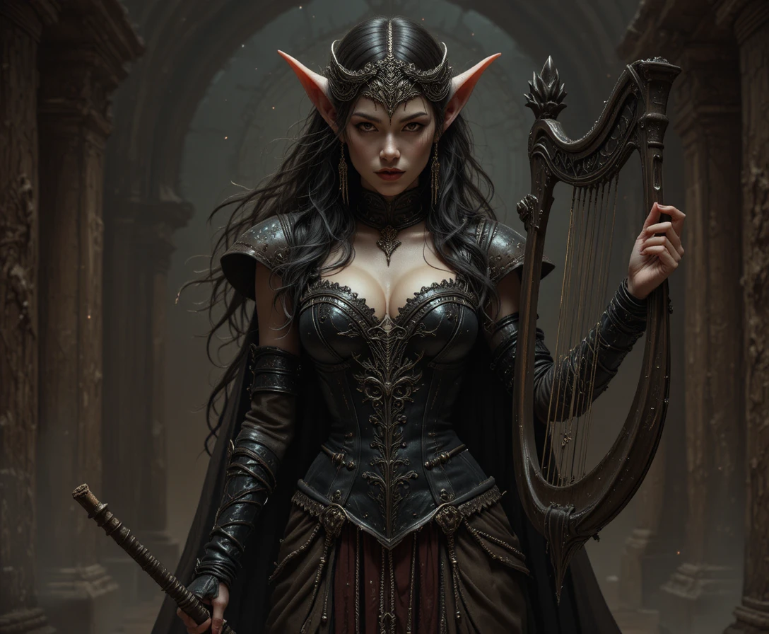 Dunkle Fantasy-Tiefling-Bardin mit Lederkorsett