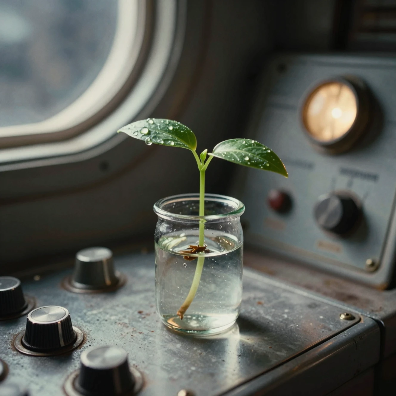 Jeune pousse verte délicate dans un bocal en verre sur un panneau de station spatiale