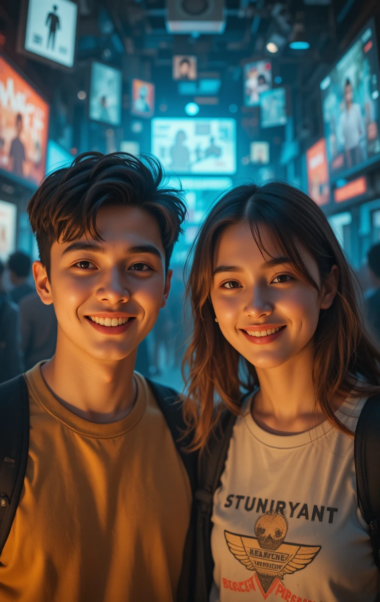 Smiling teenagers framed by symbols of modern youth struggles