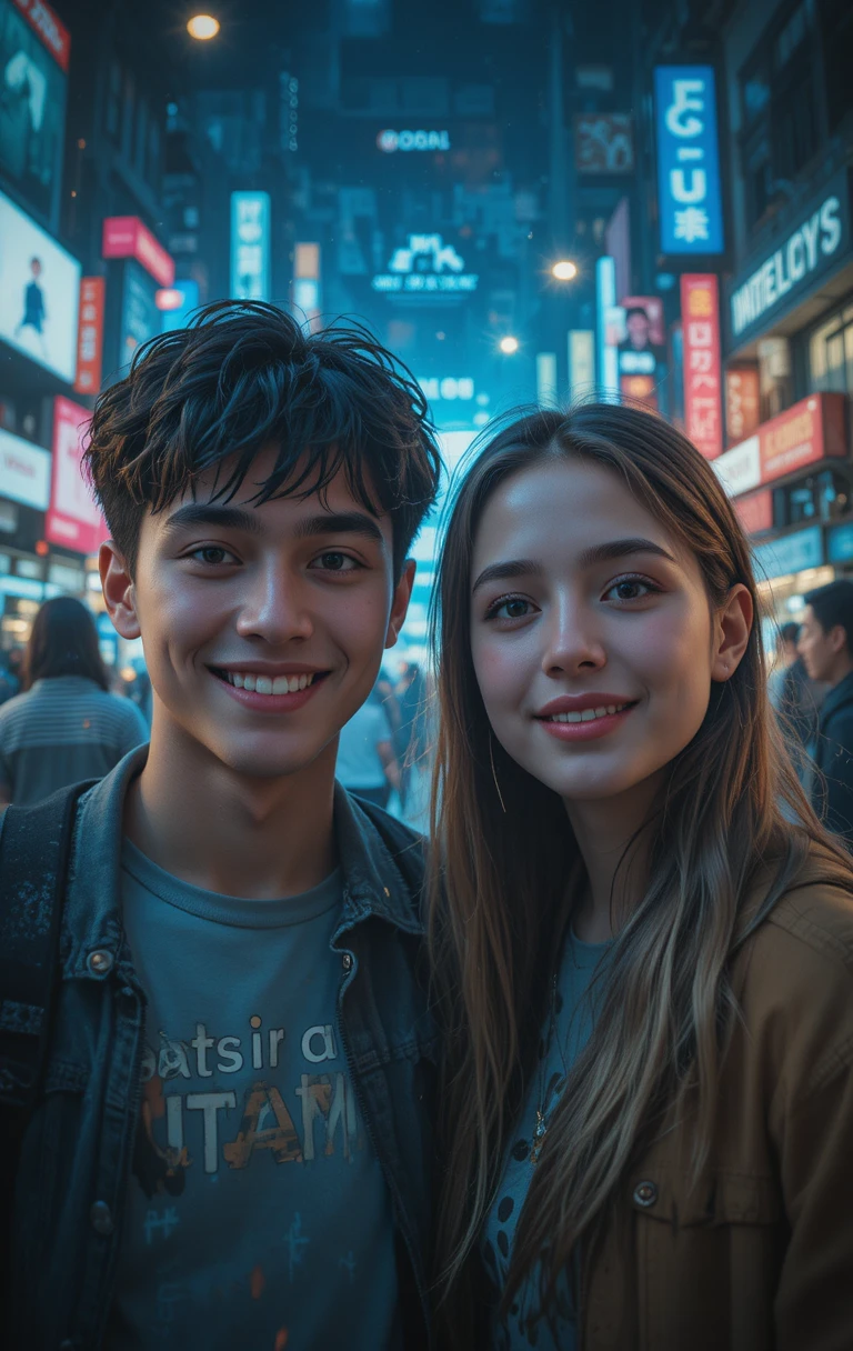 Smiling teenagers framed by symbols of modern digital stress