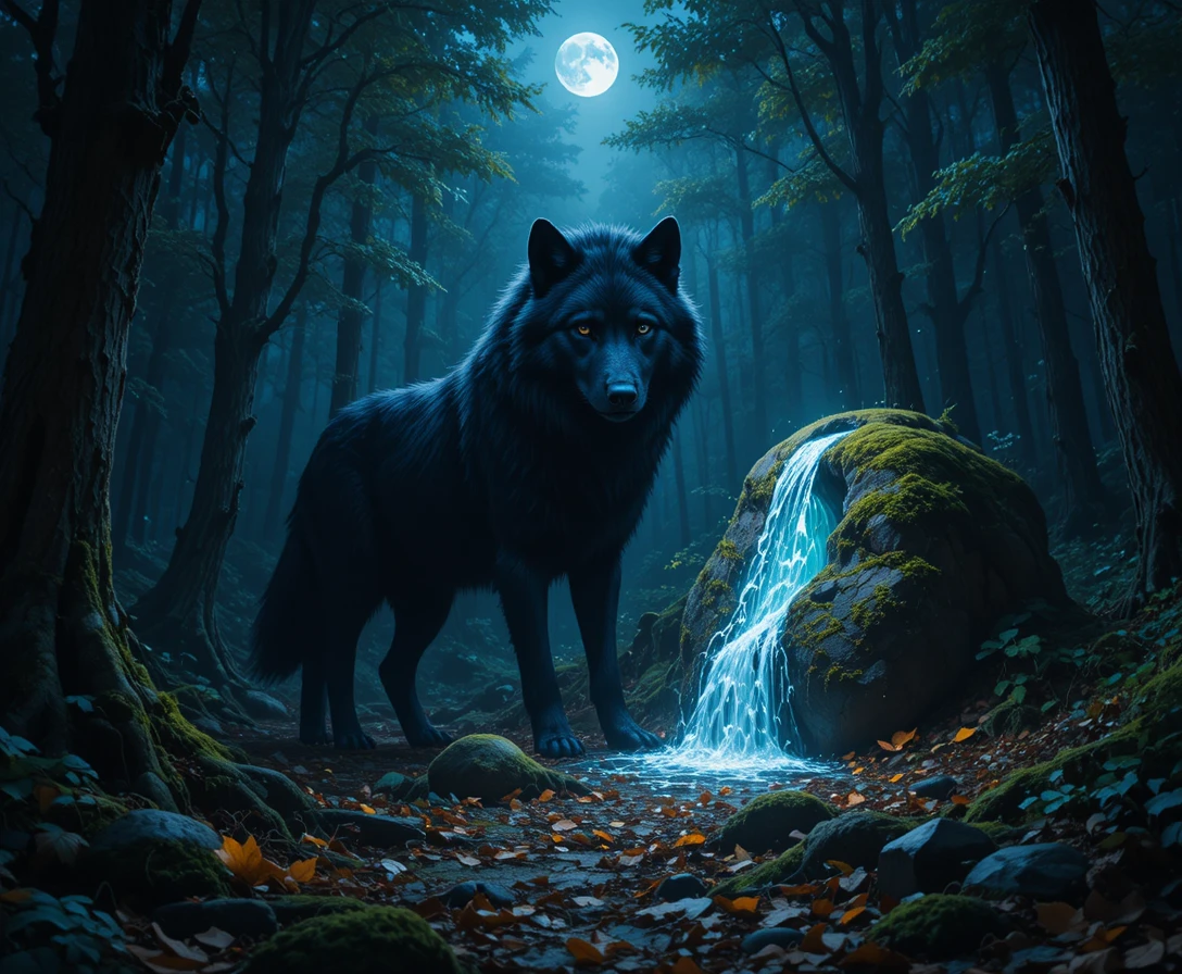 Lobo régio observando de um rochedo brilhante em uma floresta encantada