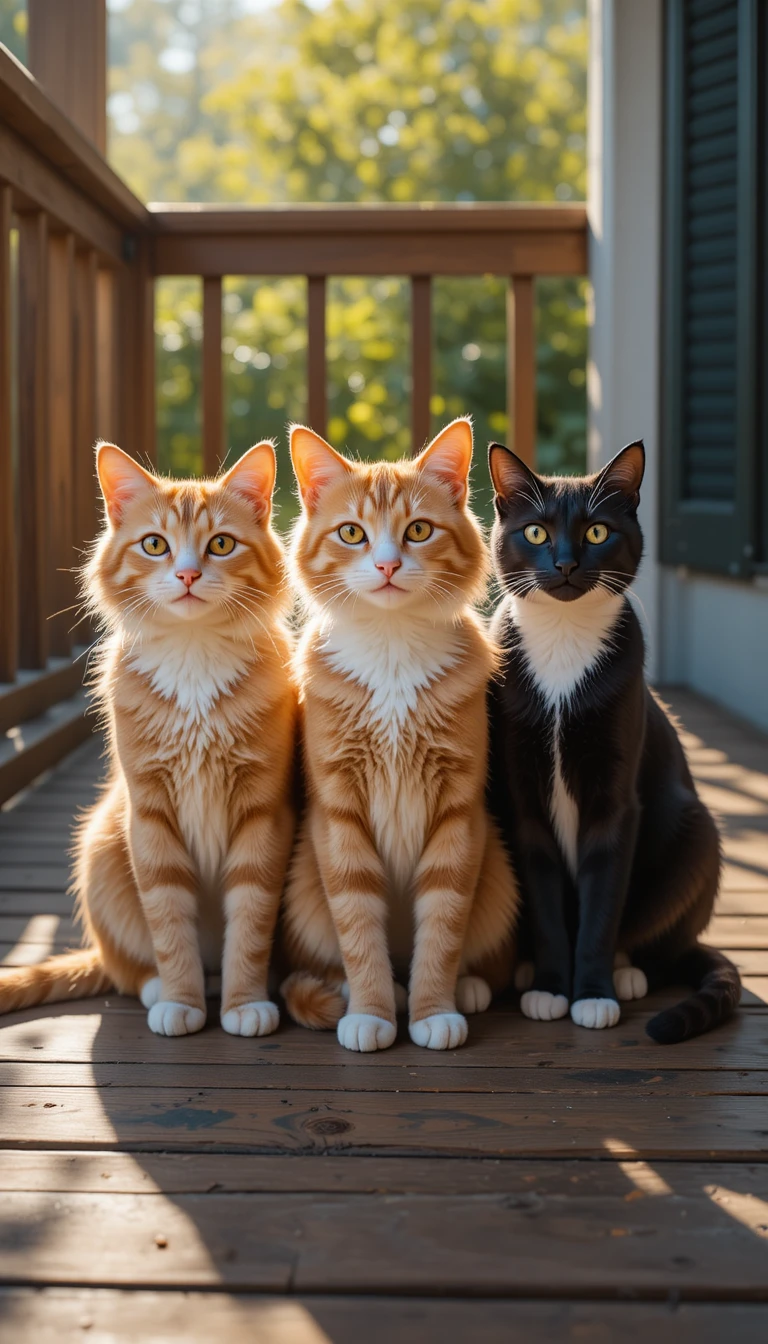 Três gatos domésticos sentados juntos em uma varanda banhada de sol