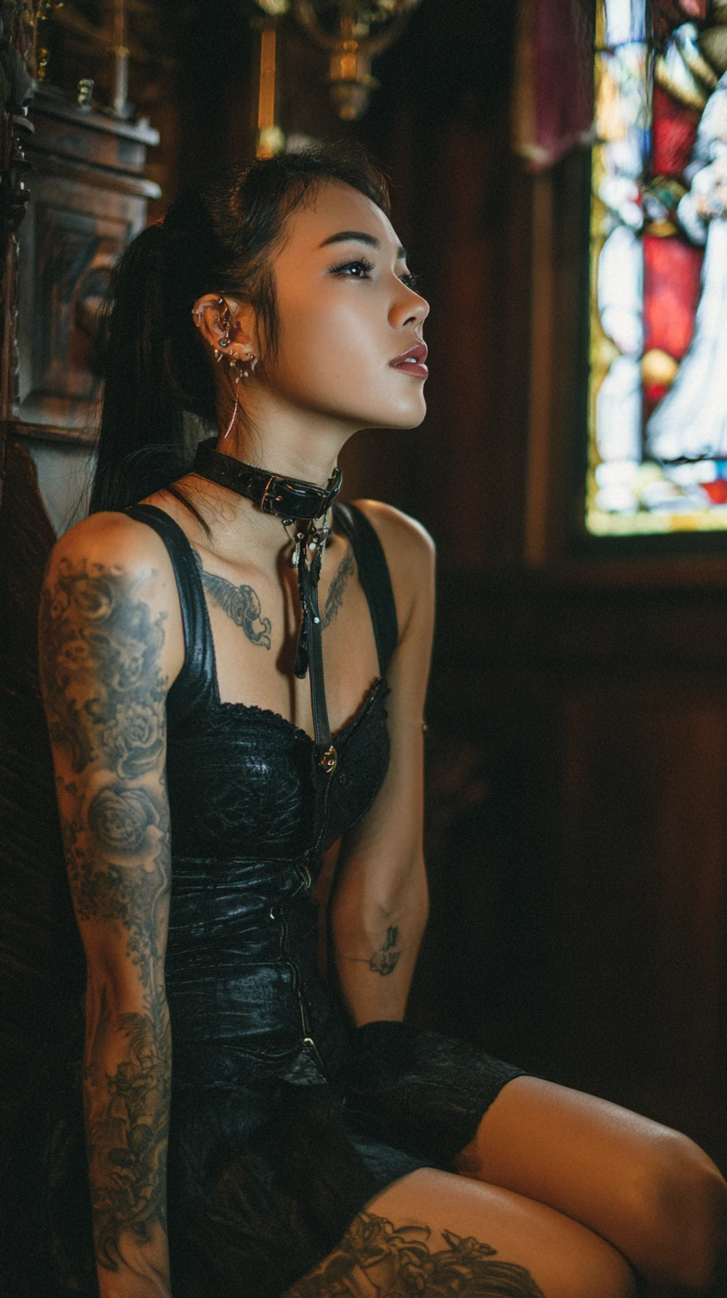 Donna muscolosa e tatuata in abito nero seduta in chiesa