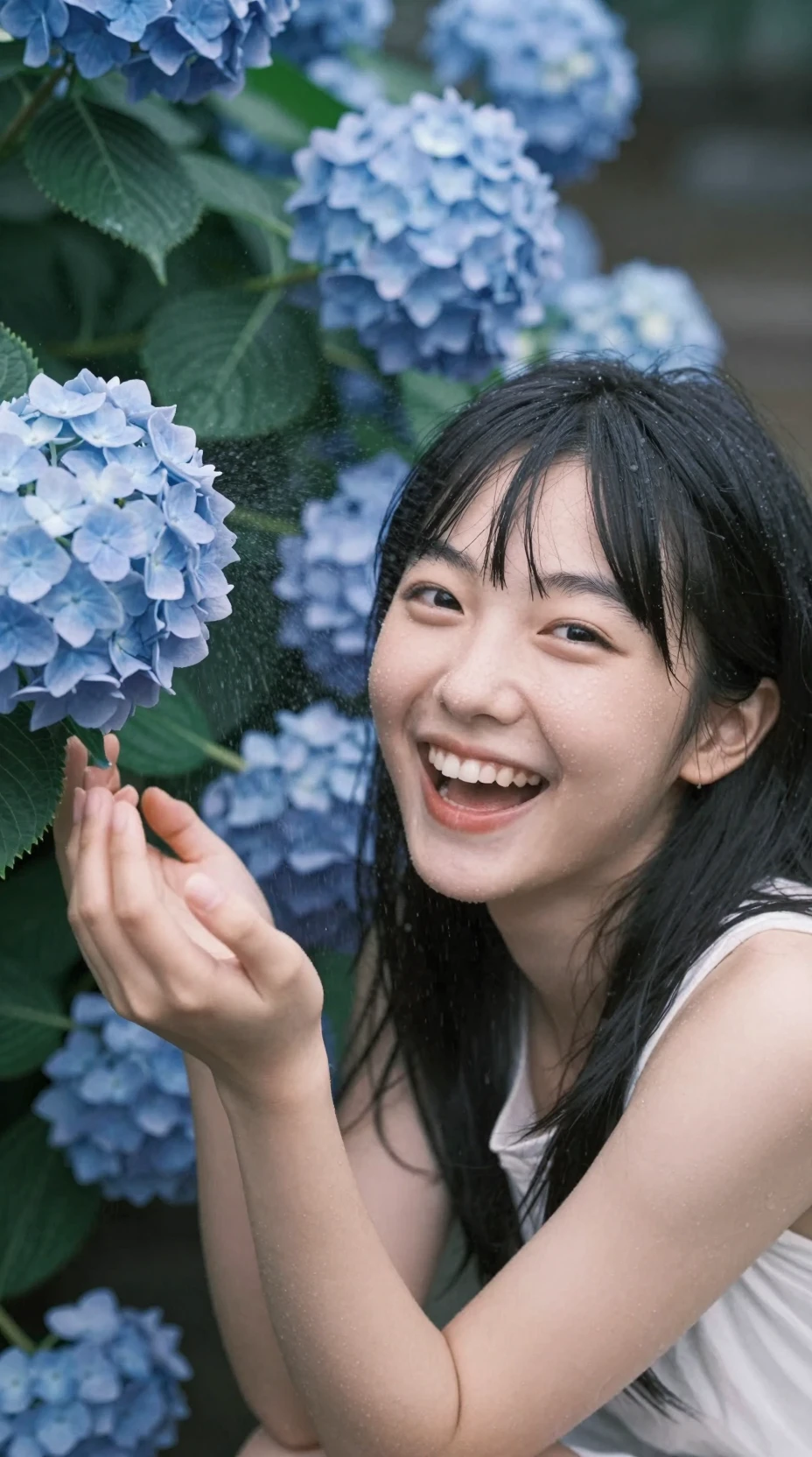 Chica riendo junto a hortensias azules en un primer plano íntimo
