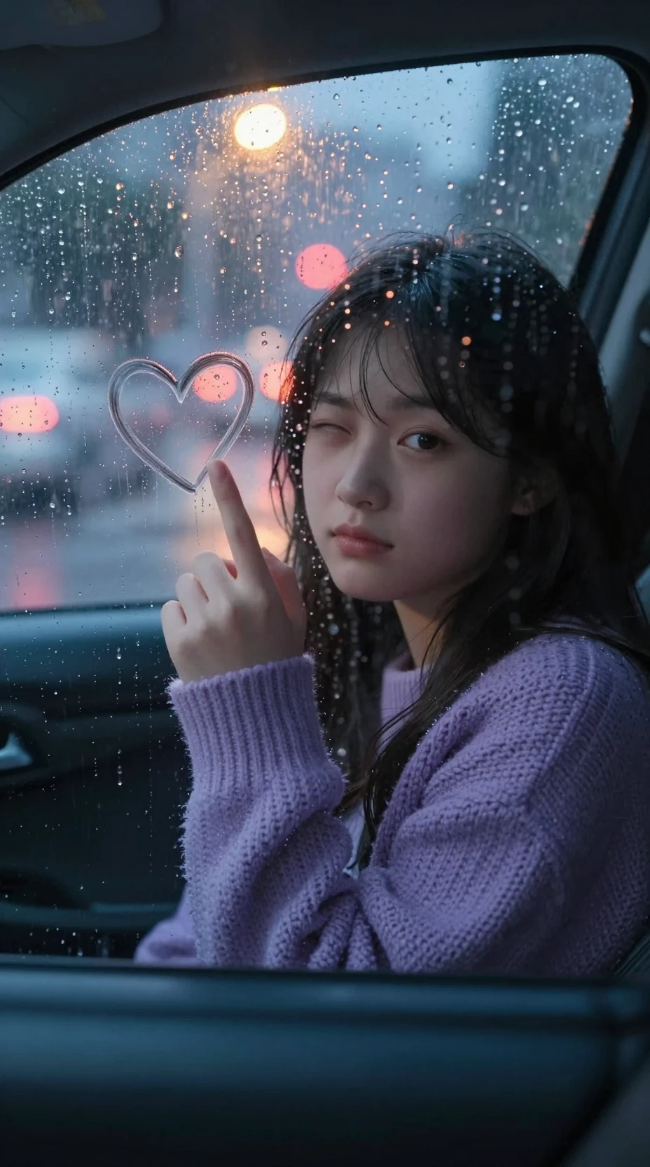 Fille regardant à travers un cœur sur une vitre de voiture sous la pluie la nuit