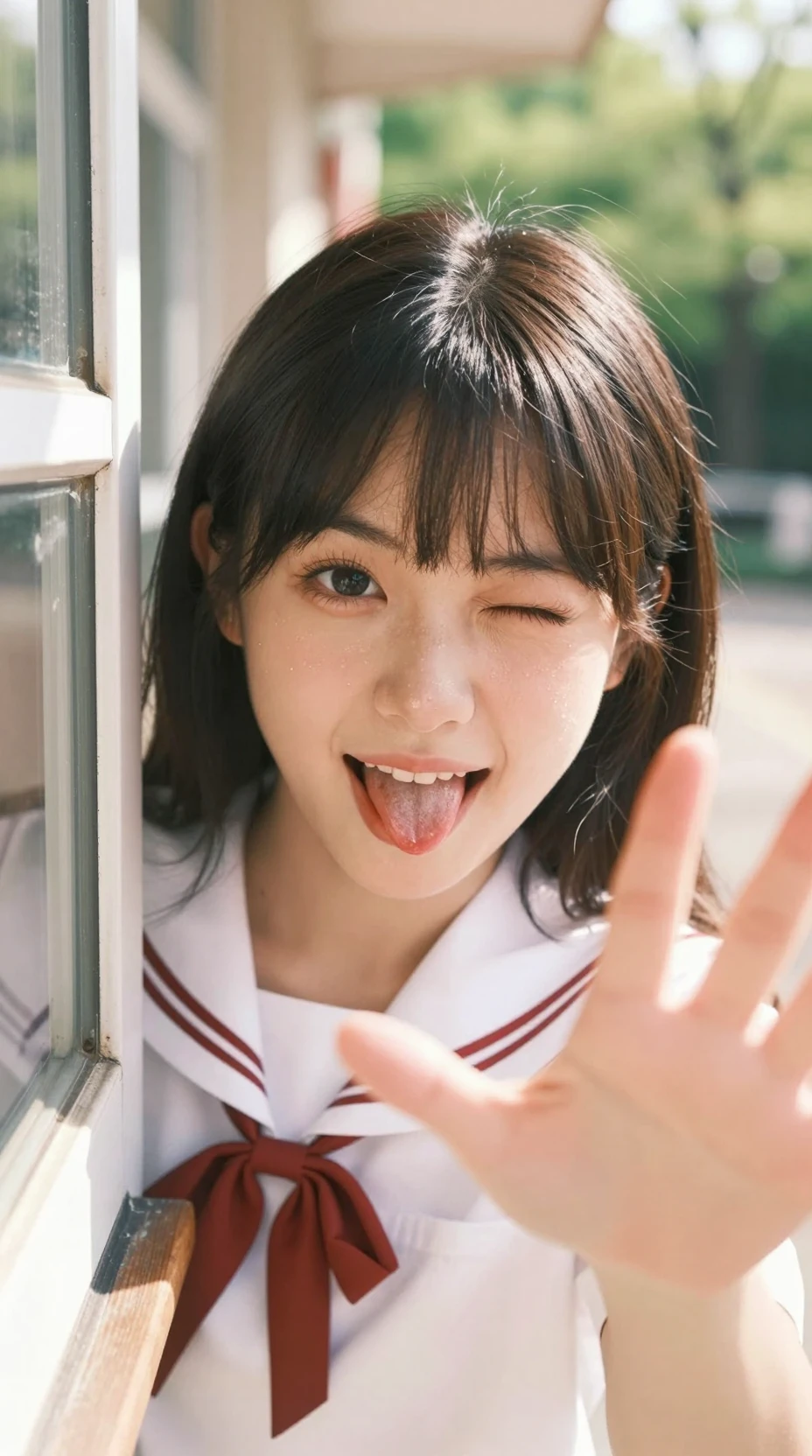 Playful Japanese schoolgirl winking through classroom window