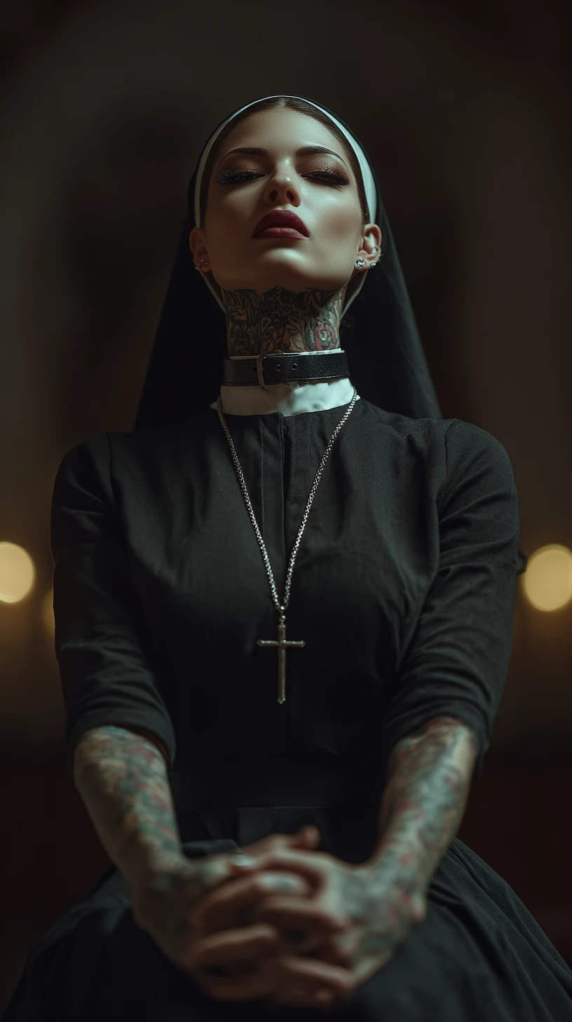 Donna tatuata in abito nero seduta da sola in chiesa