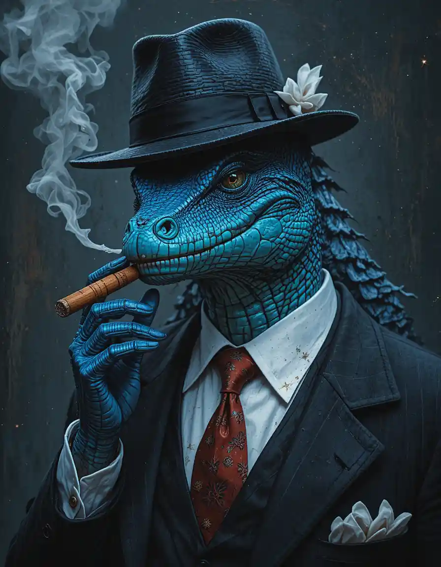 Blue reptile mafia boss in classic black suit and fedora