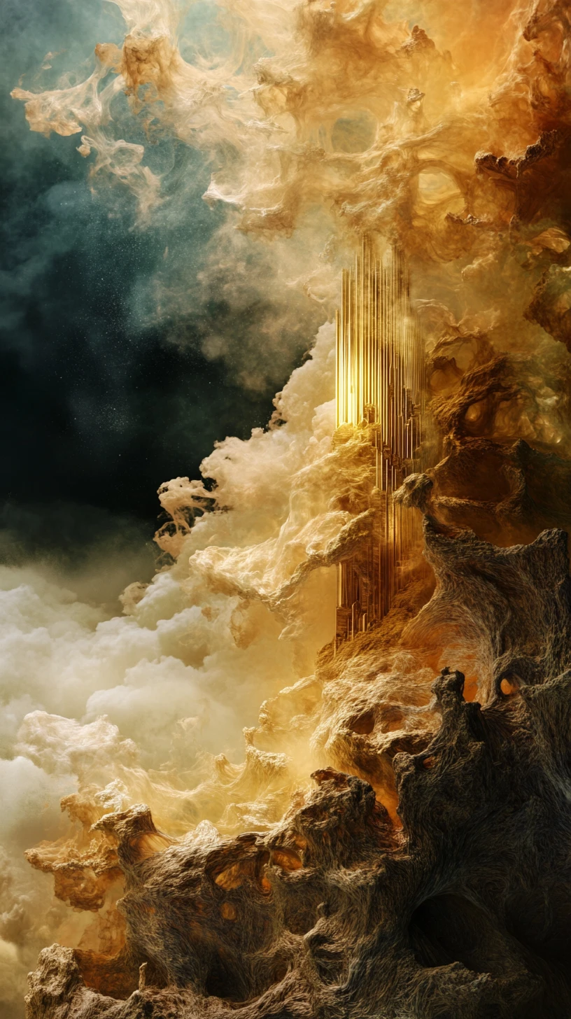 Surreal woman near swirling cloud portal in the sky