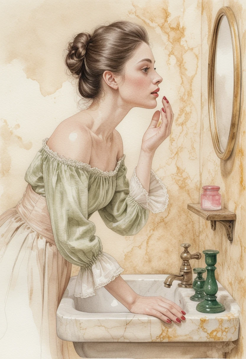 Romantisches Profil einer Frau am Vintage-Waschbecken
