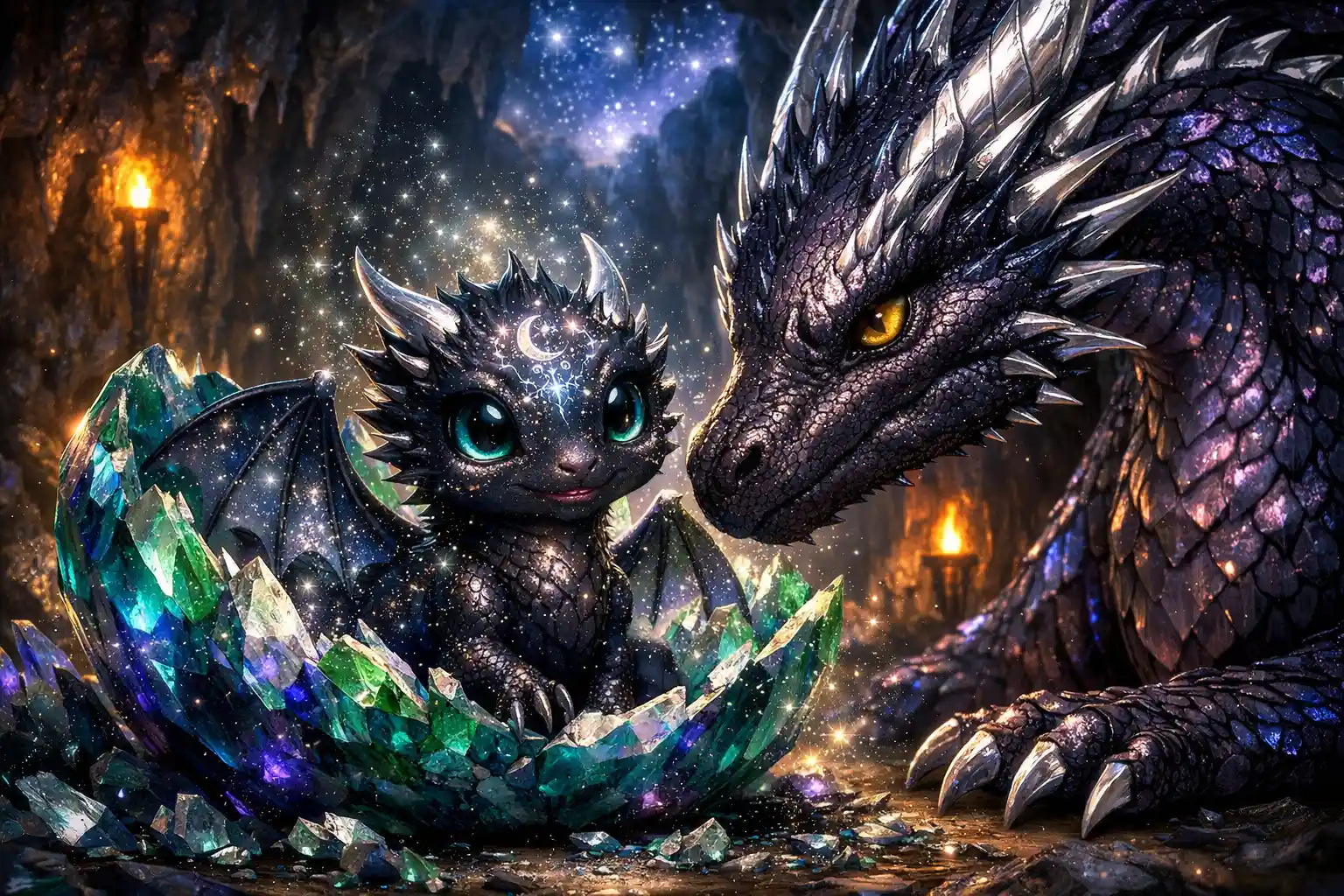 光り輝く洞窟で孵化する新生クリスタルドラゴン
