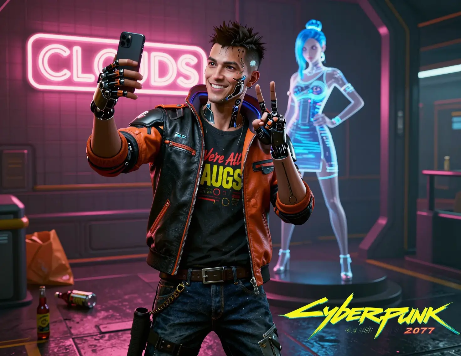 Cyberpunk-Mann macht ein neonbeleuchtetes Selfie vor einem Nachtclub