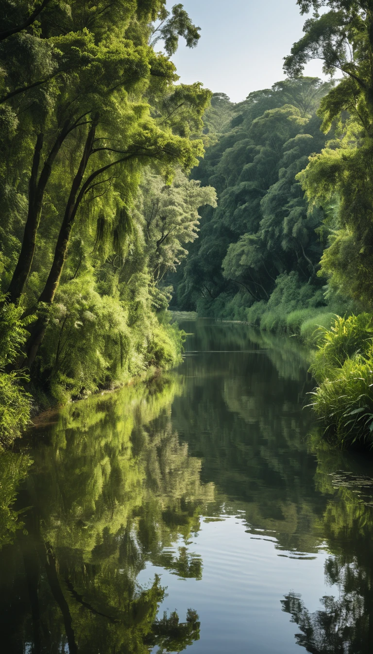 Rio calmo na floresta com suaves ondulações e reflexos nítidos
