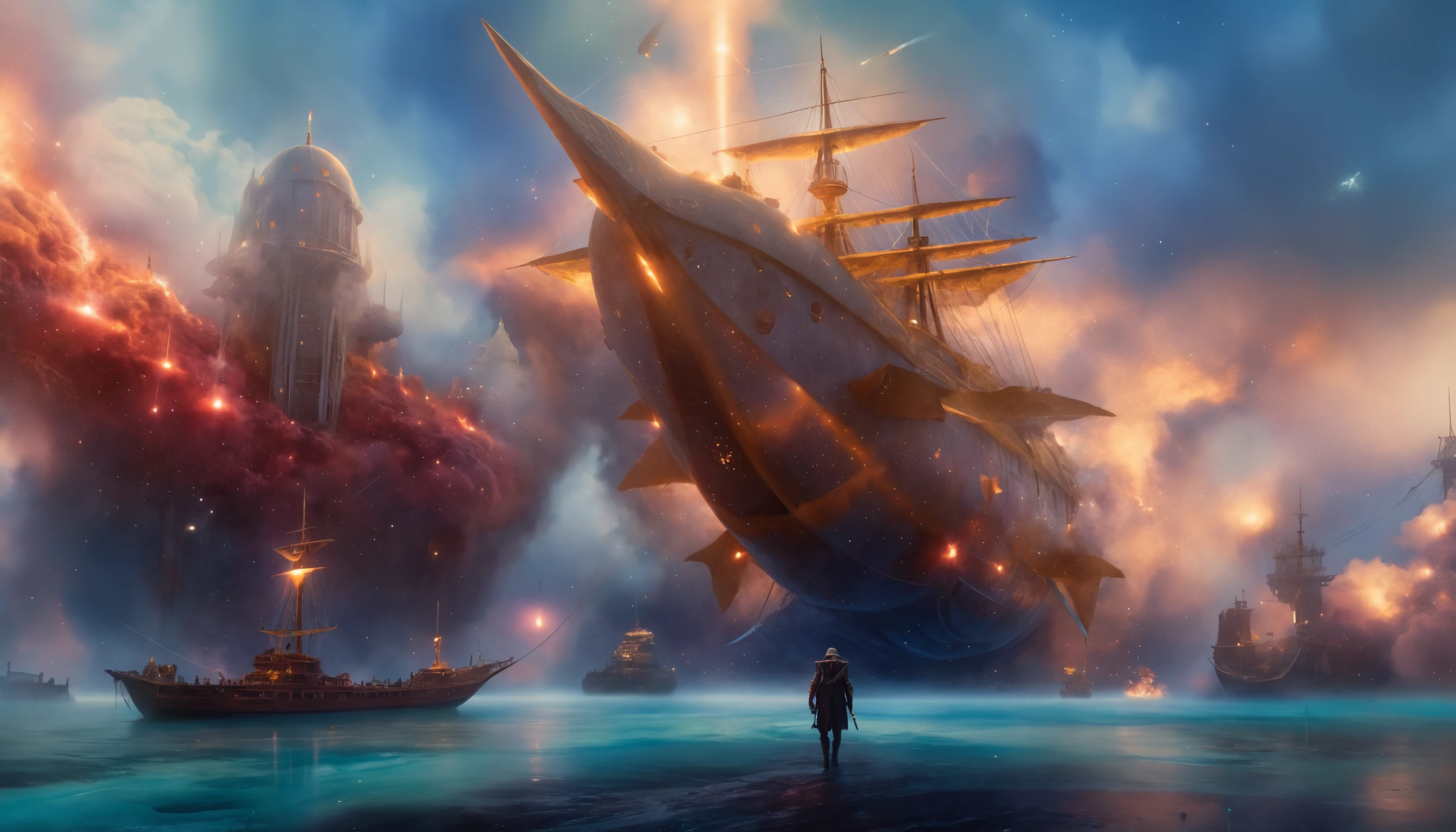 Druide warforged se tenant sur des quais de dirigeables au milieu d’une explosion